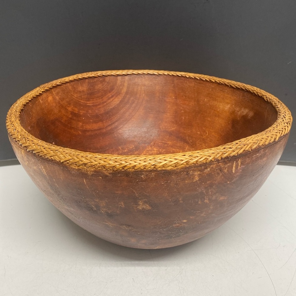 Lombok Indonesian Solid Wood Bowl Rattan Basket Hand Carved 11” Diameter